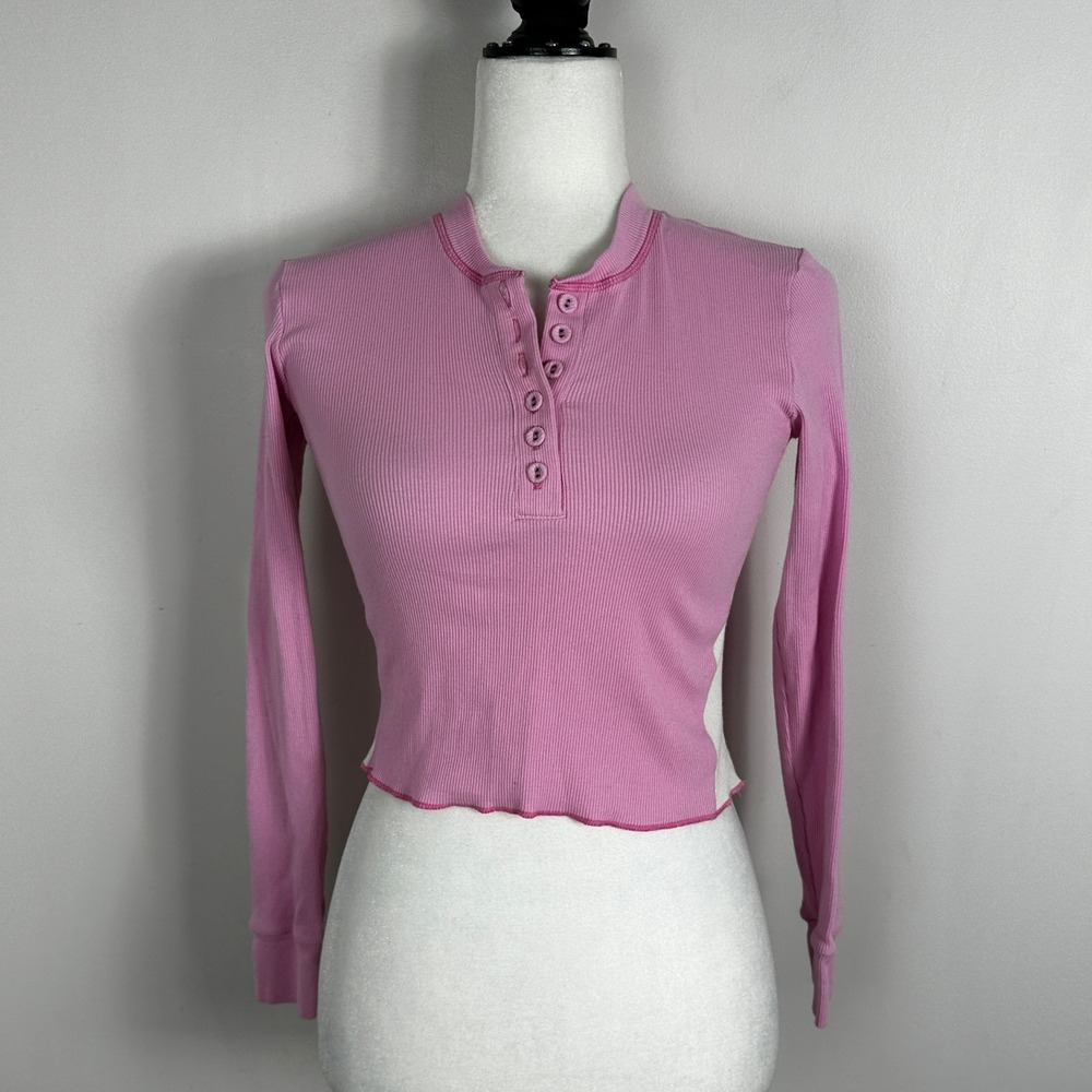 Skims Bubblegum Pink White Long Sleeve‎ Ribbed Henley Top Womens Sz Medium Retro